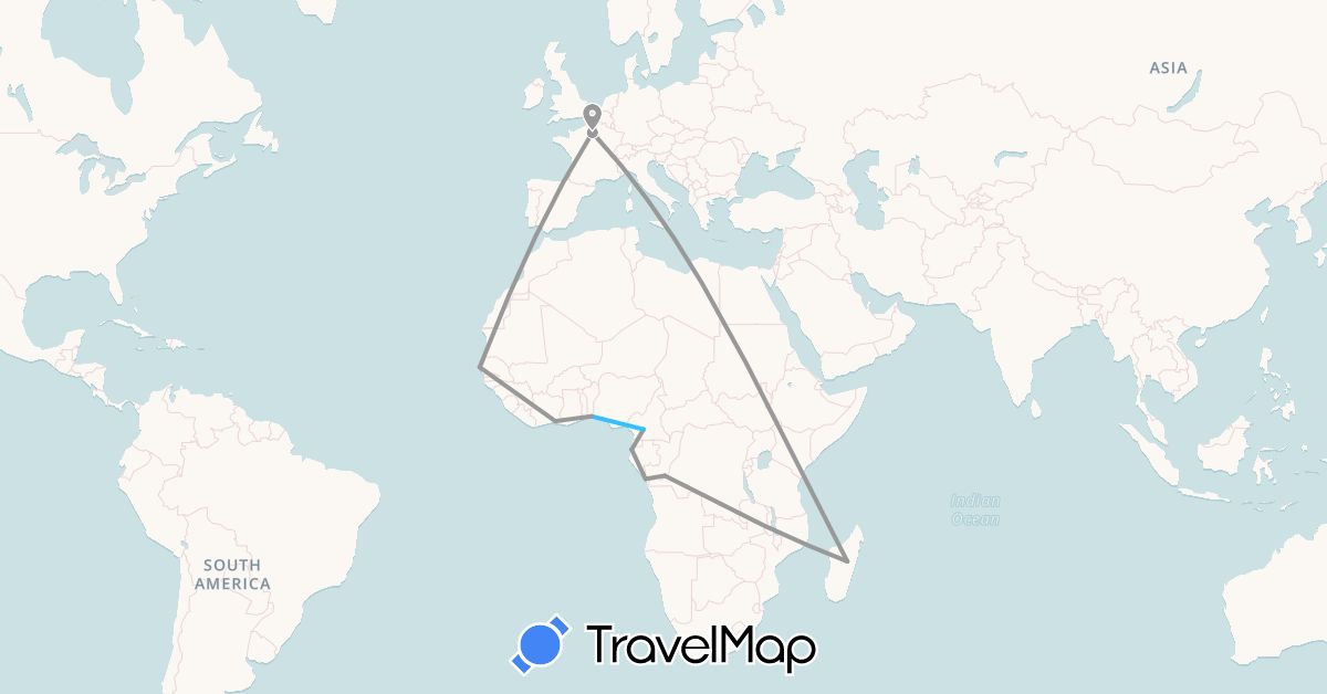 TravelMap itinerary: plane, boat in Benin, Republic of the Congo, Côte d'Ivoire, Cameroon, France, Gabon, Madagascar, Senegal (Africa, Europe)